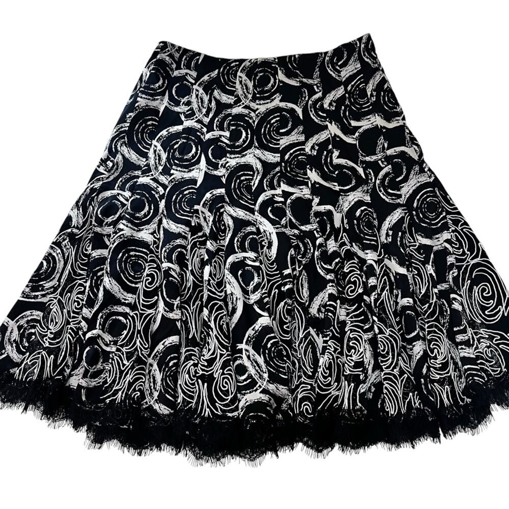 Vintage Silk Circle Skirt Lace Hem Black White Abstract Carmen Marc Valvo Size 8